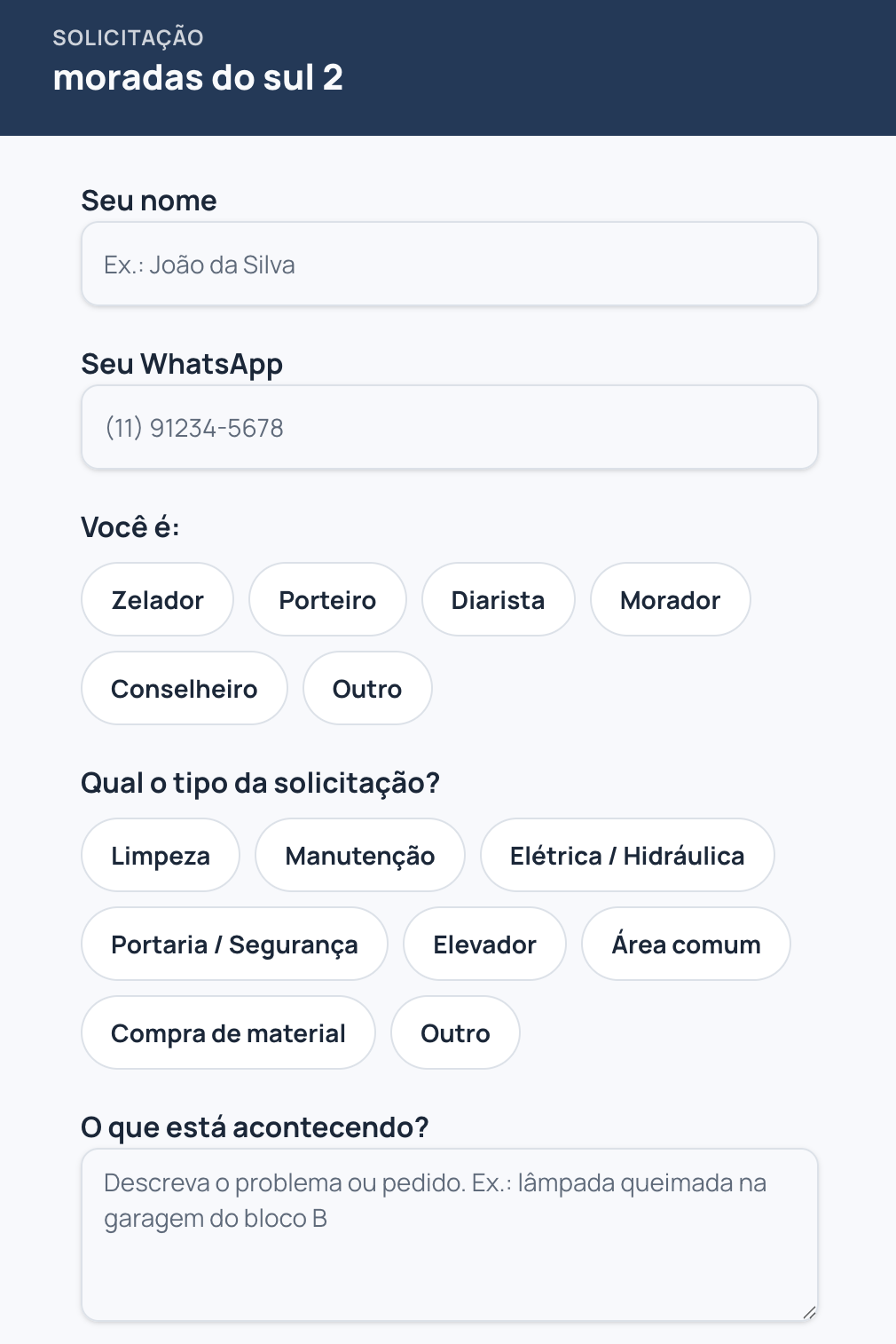 Formulário simples para abrir solicitação do condomínio pelo celular, sem aplicativo